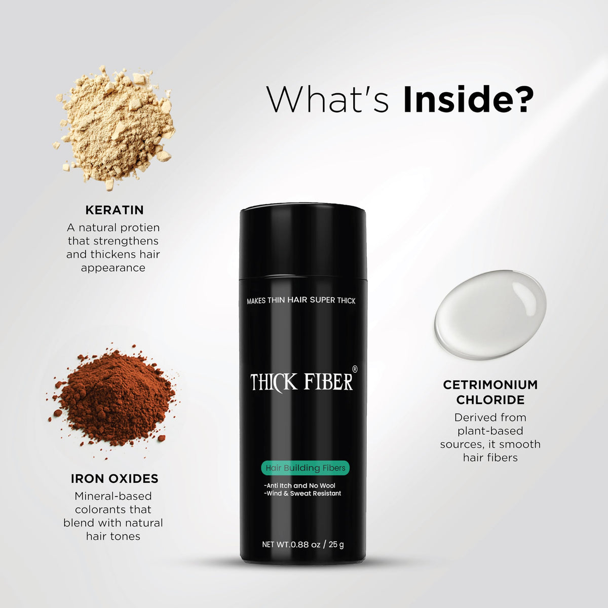 THICK FIBER label and ingredient area displaying keratin composition and gentle formulation benefits