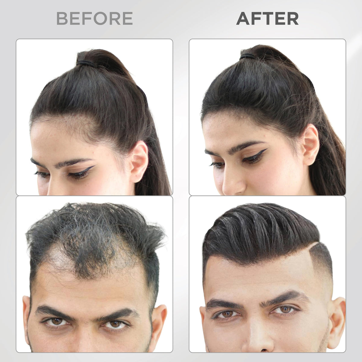 THICK FIBER finished look set with spray showing wind-resistant, natural hold