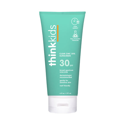 THINK front packaging 6 fl oz showing clear mineral sunscreen benefits