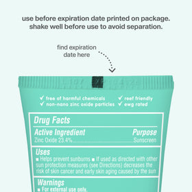 THINK ingredient label close view showing zinc oxide mineral formula