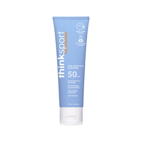 Thinksport front packaging showing SPF 50 and clean formula benefits