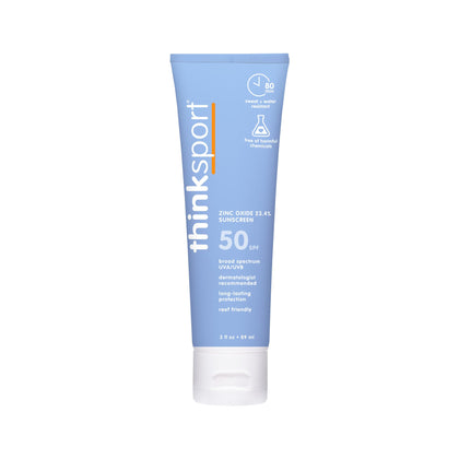 Thinksport front packaging showing SPF 50 and clean formula benefits