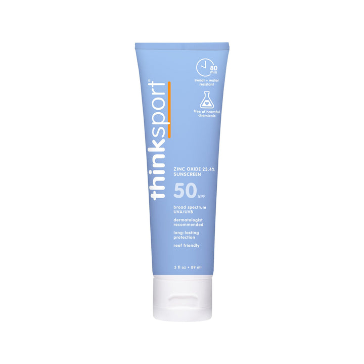 Thinksport front packaging showing SPF 50 and clean formula benefits
