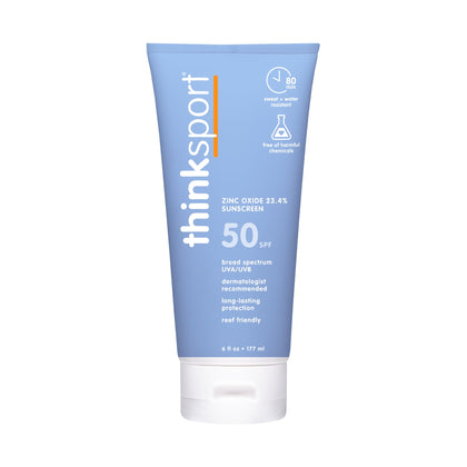 Thinksport front packaging showing SPF 50+ for clear protection