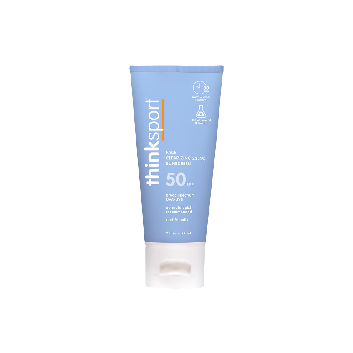 THINK front tube showing clear zinc oxide formula and SPF benefit
