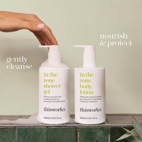 THISWORKS bottle with key ingredient notes visible to highlight eucalyptus and petitgrain benefits