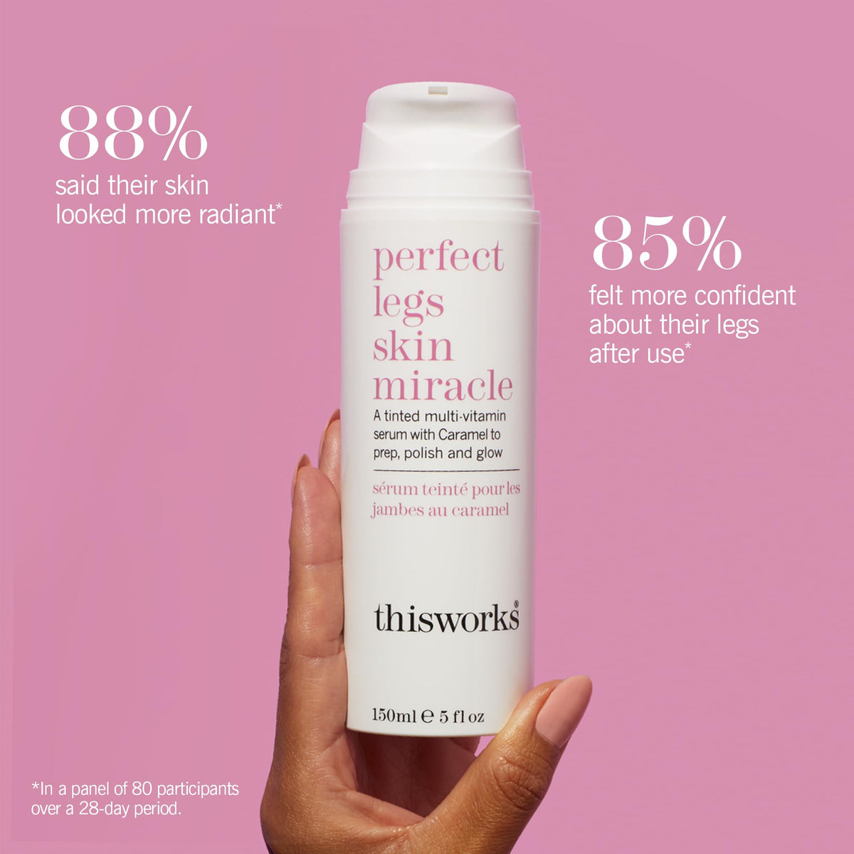 THISWORKS serum texture spread on leg showing even, natural finish