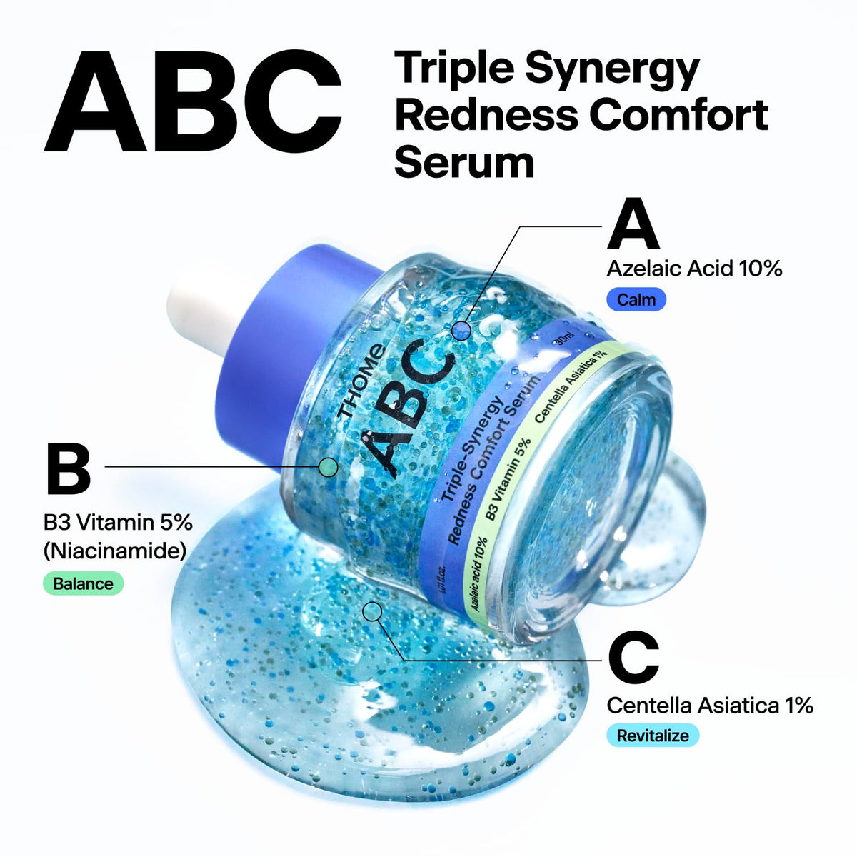 THOME ingredient label close-up highlighting azelaic acid, niacinamide, centella benefits