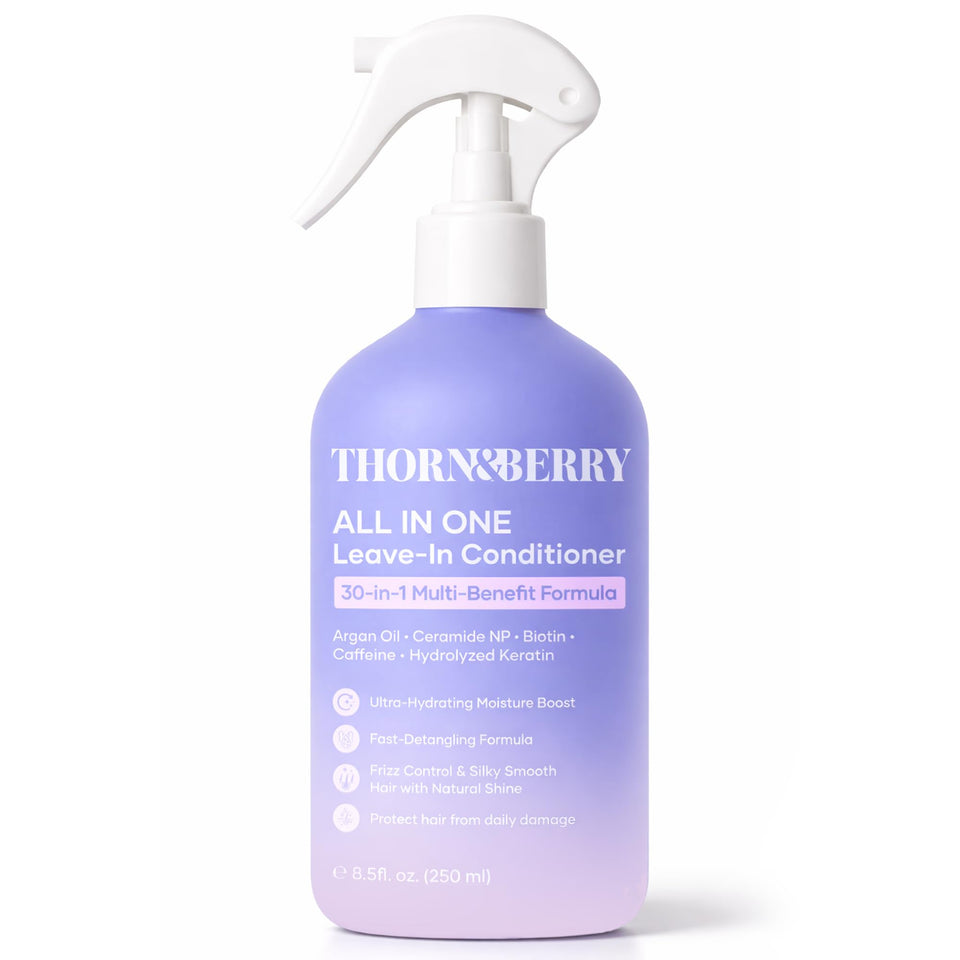 THORN & BERRY front packaging bottle showing lightweight detangler benefits
