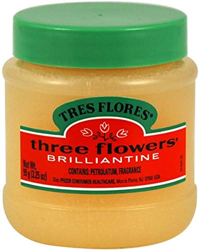 Three Flowers solid brilliantine tin front view showing label and compact size for convenient styling