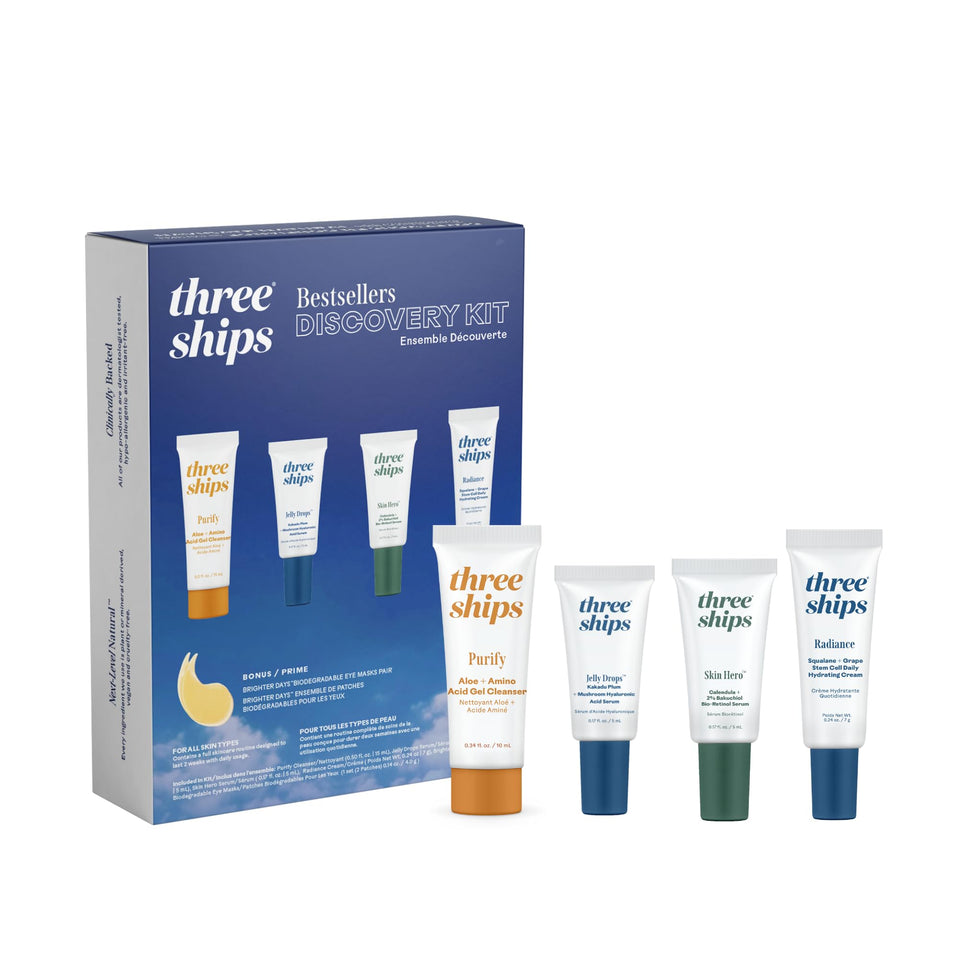 Three Ships discovery kit front packaging showing compact travel set benefits