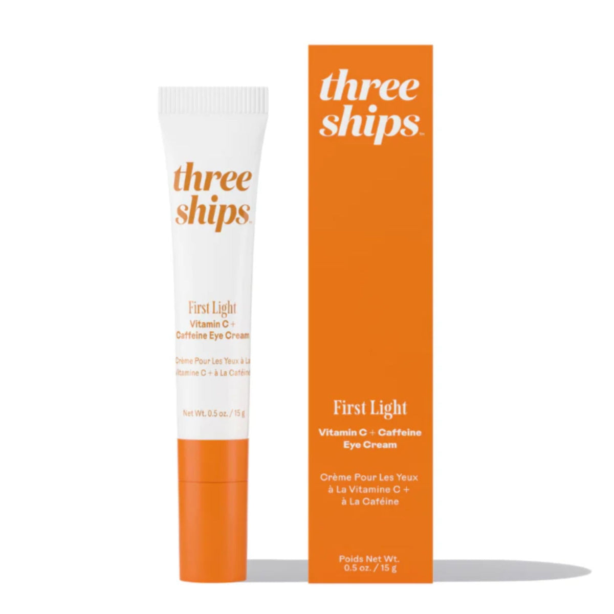 Three Ships eye cream front packaging shows product and benefits