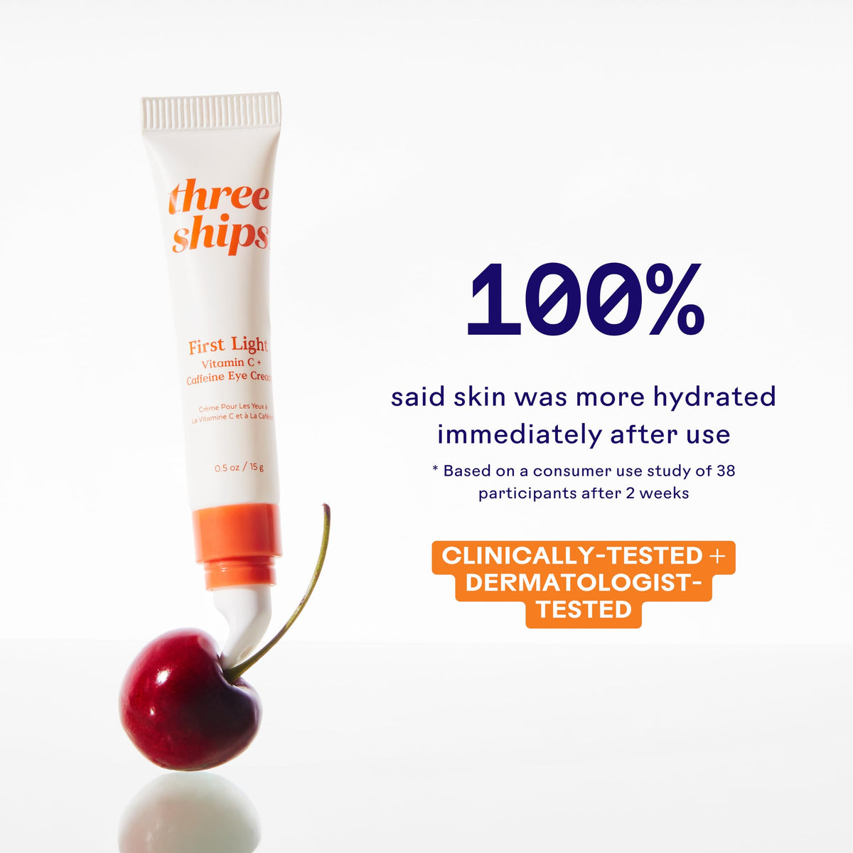 Three Ships eye cream in hand showing scale and travel-friendly size