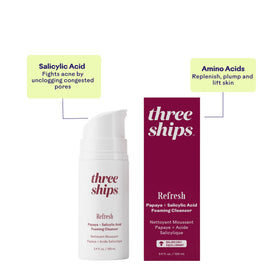 Three Ships bottle in hand for scale, 3.4 fl oz size clarity and travel-friendly benefit