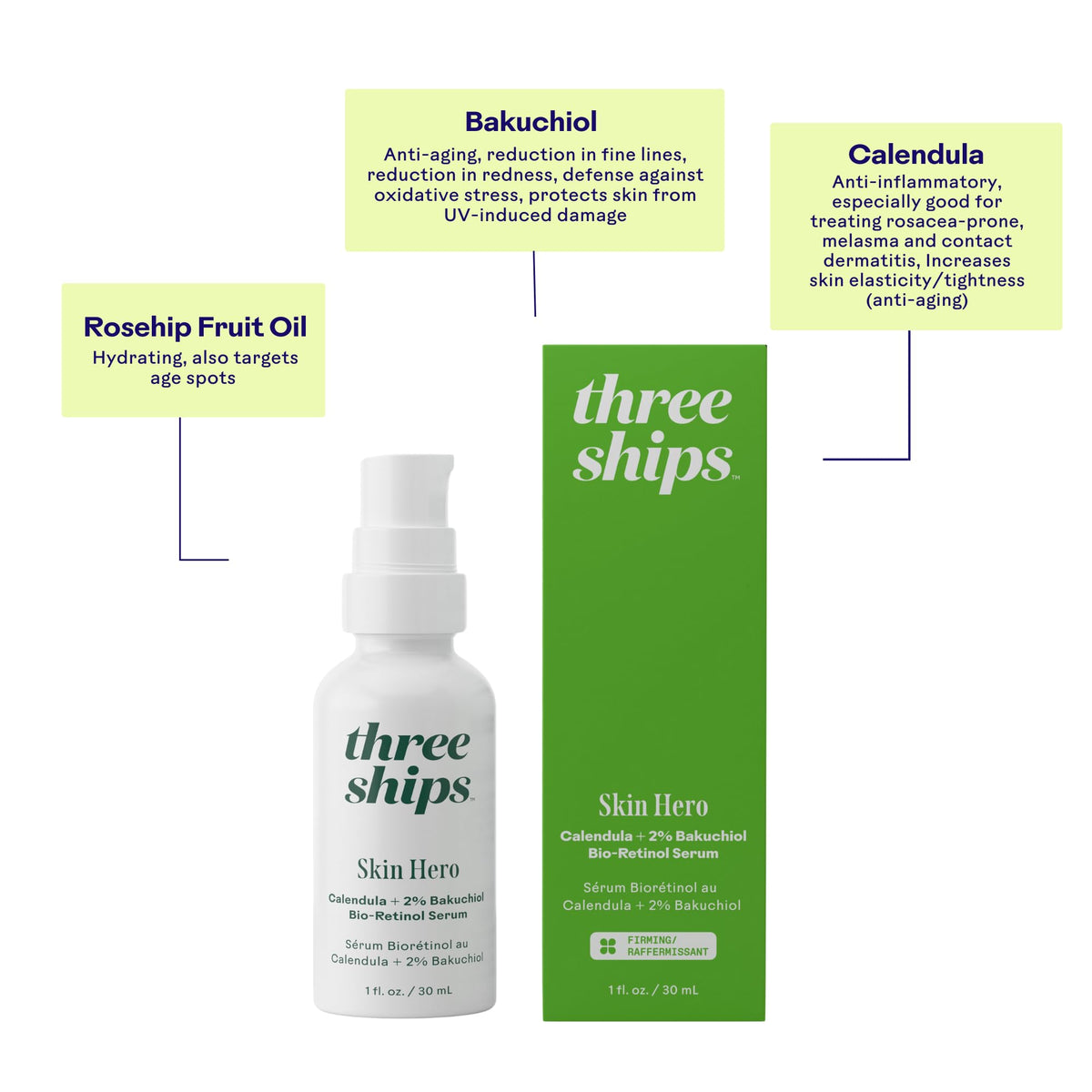 Three Ships 30 mL bottle next to a coin for scale showing travel-friendly size