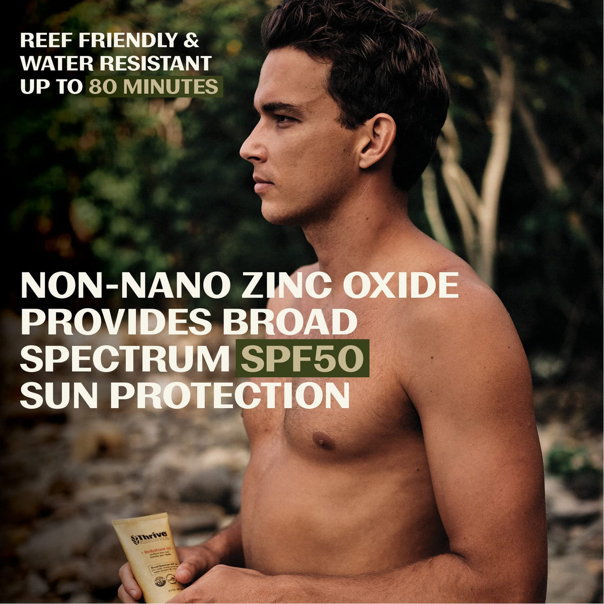 Thrive Natural Care body sunscreen applied at beach for water-resistant use