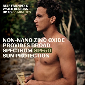Thrive Natural Care body sunscreen applied at beach for water-resistant use
