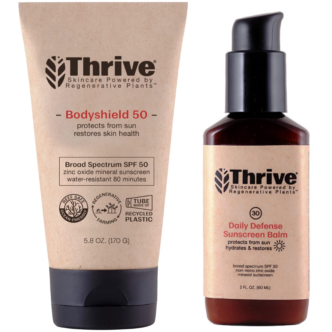 Thrive Natural Care face tube front showing label and SPF benefit