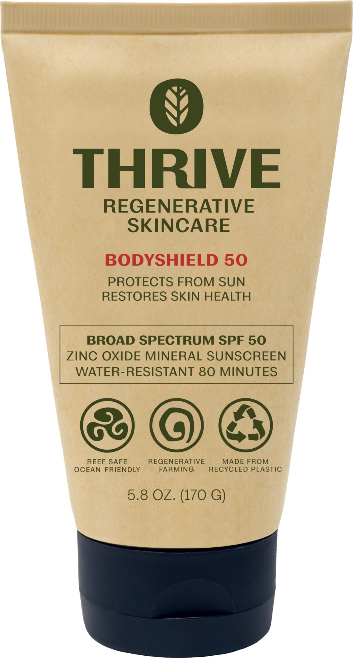 Thrive Natural Care front packaging showing SPF50 and reef safe benefits