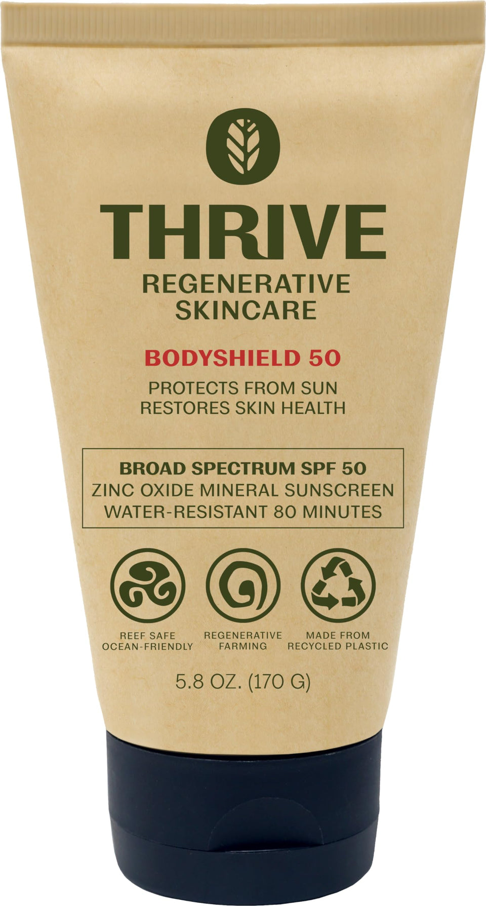 Thrive Natural Care front packaging showing SPF50 and reef safe benefits