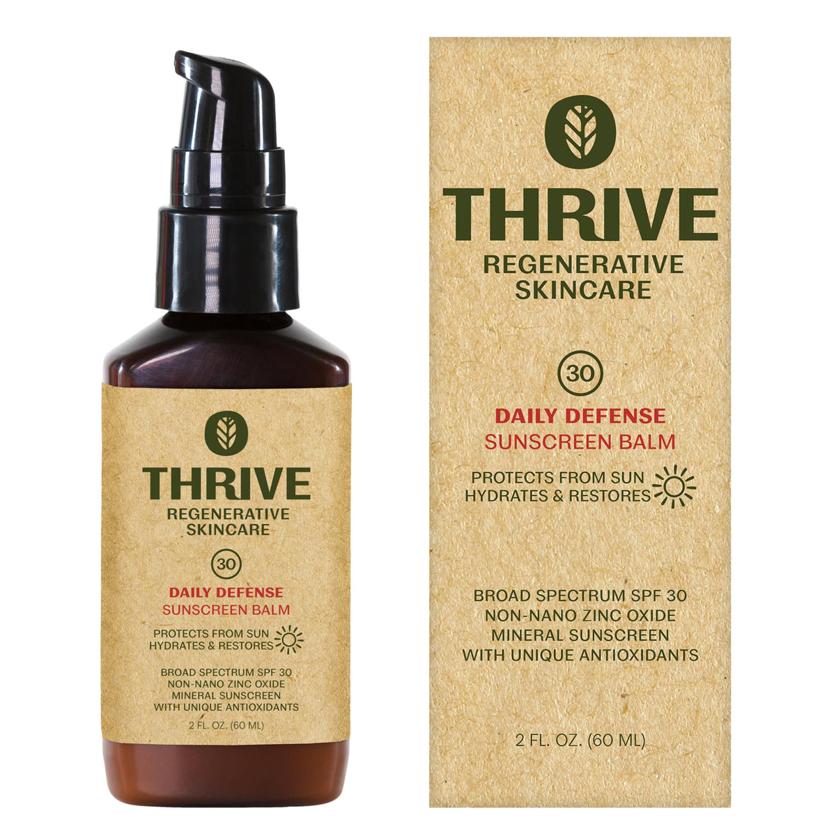 Thrive Natural Care front packaging showing SPF 30 and matte finish benefits