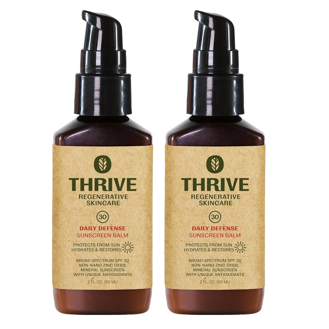 Thrive Natural Care front tube showing SPF 30 and packaging benefits