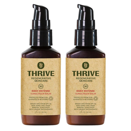 Thrive Natural Care front tube showing SPF 30 and packaging benefits