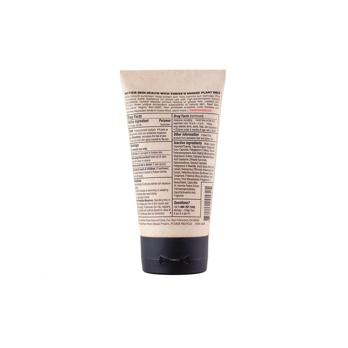 Label close-up on Thrive Natural Care recycled tube showing ingredients