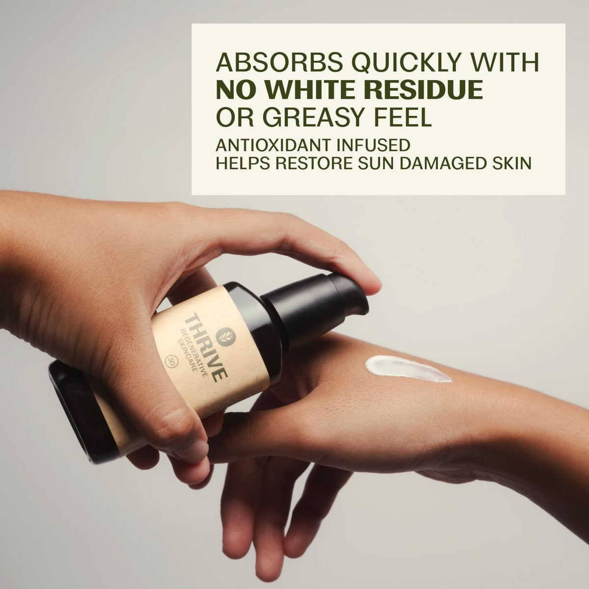 Thrive Natural Care sunscreen cream texture demonstrating fast absorption benefit