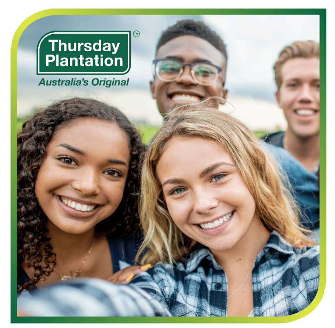Thursday Plantation bottle size scale with hand showing 5.1 fl oz practical portability
