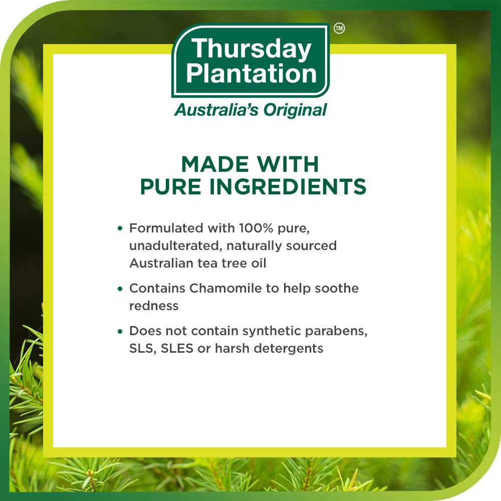 Thursday Plantation label ingredients view highlighting tea tree oil and chamomile benefits