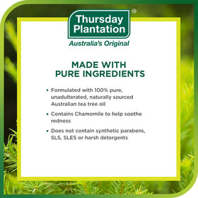 Thursday Plantation label ingredients view highlighting tea tree oil and chamomile benefits