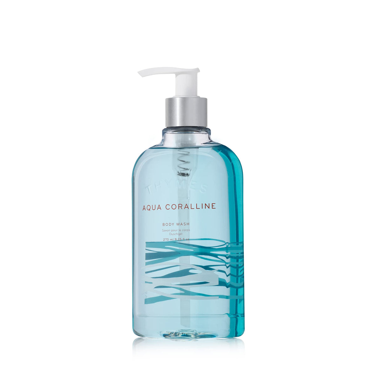 Thymes front packaging shows Aqua Coralline bottle and clear branding for shelf appeal