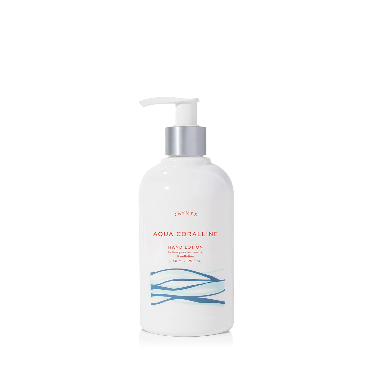 Thymes silver-pump bottle front view showing Aqua Coralline label and elegant design for easy dispensing