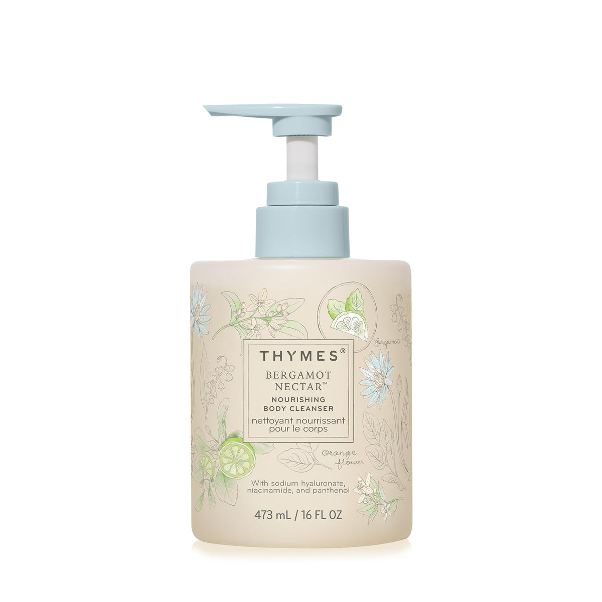 Thymes bottle front packaging showing Bergamot Nectar scent and clean design benefits