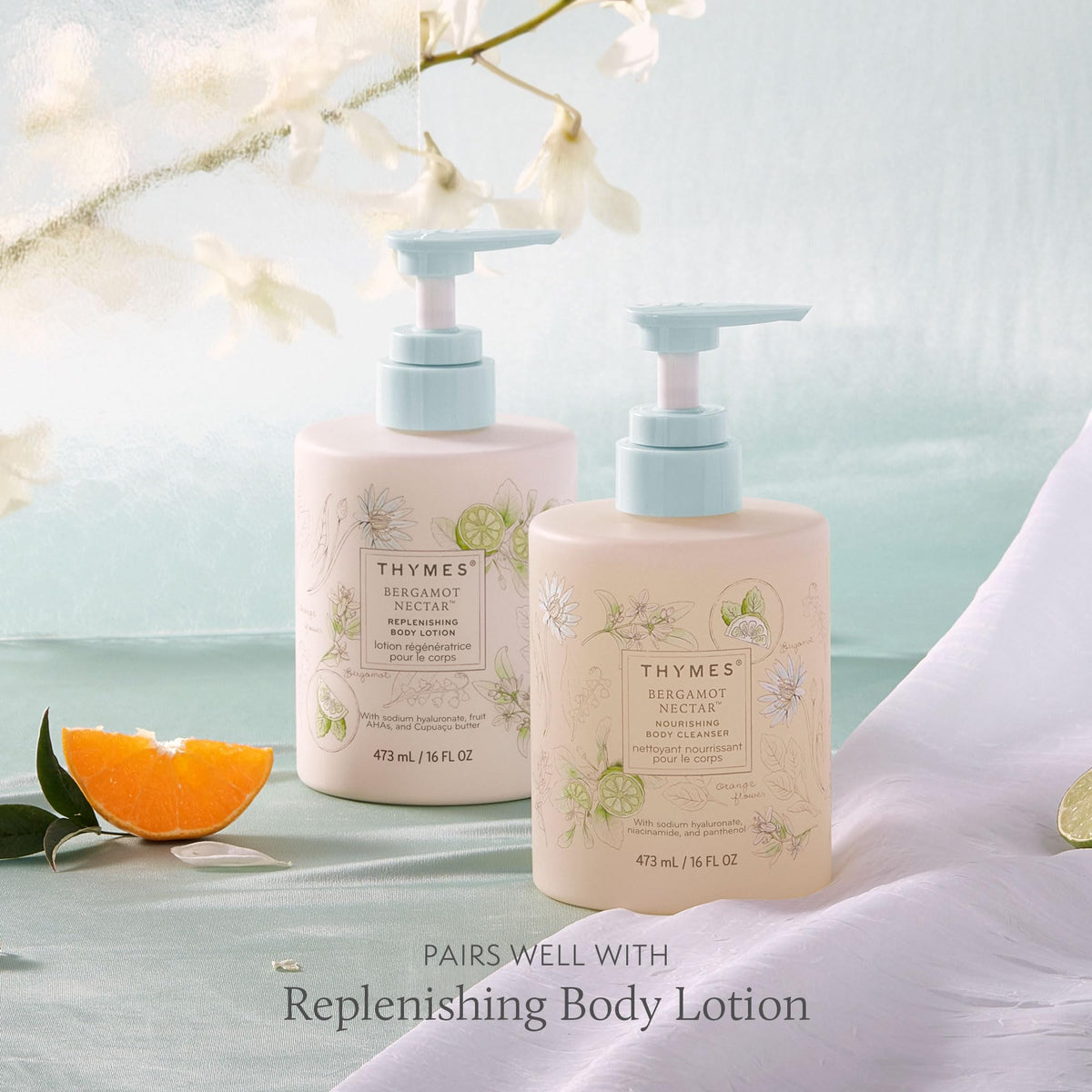 Thymes bottle on shower shelf lifestyle showing daily routine integration benefit