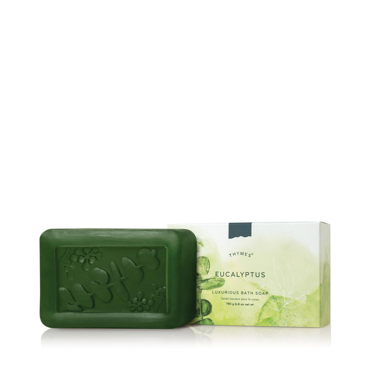 Thymes eucalyptus bar soap front packaging showing botanical label and fresh scent benefit
