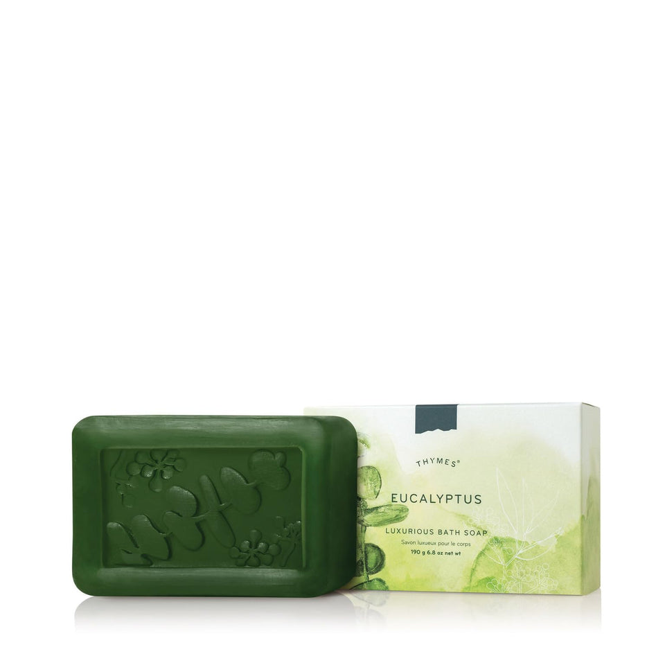 Thymes eucalyptus bar soap front packaging showing botanical label and fresh scent benefit
