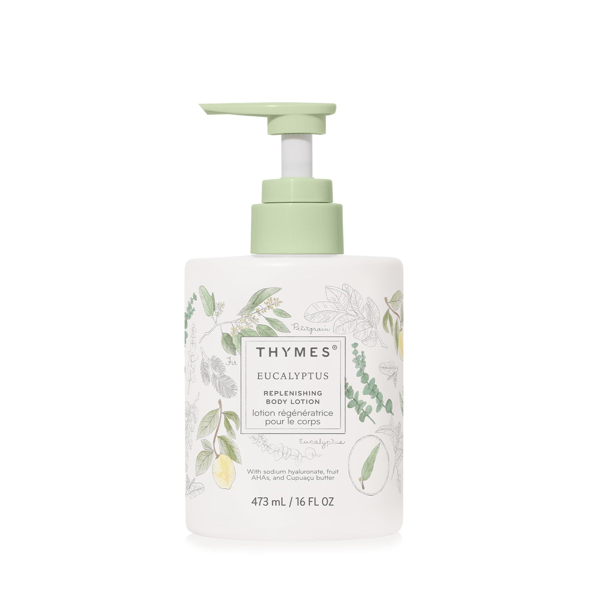Thymes front bottle view showing eucalyptus lotion and pump for easy use