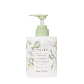 Thymes front bottle view showing eucalyptus lotion and pump for easy use