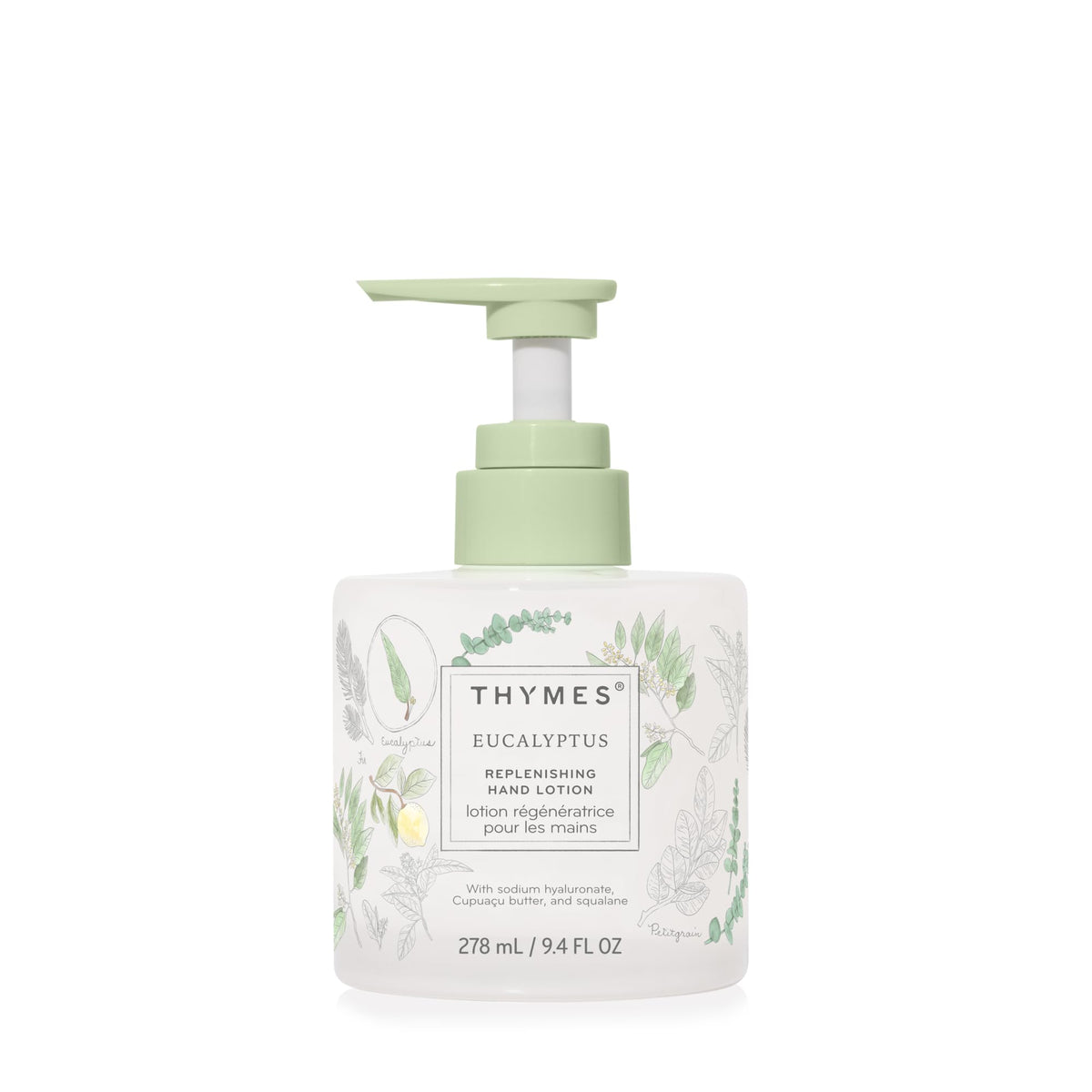 Thymes eucalyptus hand lotion front packaging shows elegant glass bottle and label benefit