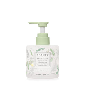 Thymes eucalyptus hand lotion front packaging shows elegant glass bottle and label benefit