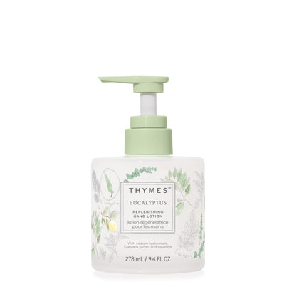 Thymes eucalyptus hand lotion front packaging shows elegant glass bottle and label benefit