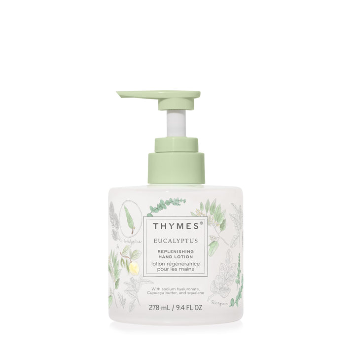 Thymes eucalyptus hand lotion front packaging shows elegant glass bottle and label benefit