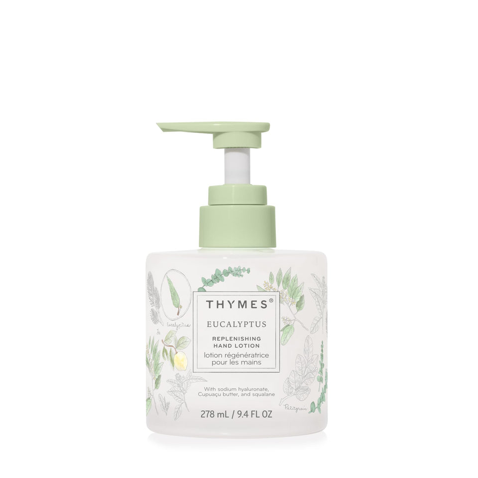 Thymes eucalyptus hand lotion front packaging shows elegant glass bottle and label benefit