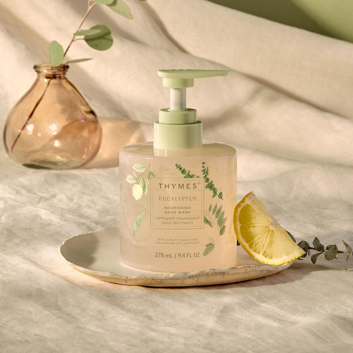 Thymes label close-up highlighting ingredients and eucalyptus fragrance