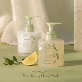 Thymes eucalyptus label ingredients detail highlighting sodium hyaluronate and squalane benefit