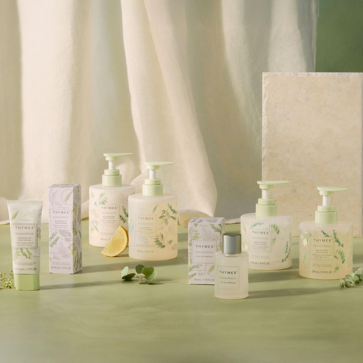 Thymes bottle paired with lotion showing layered hydration benefit