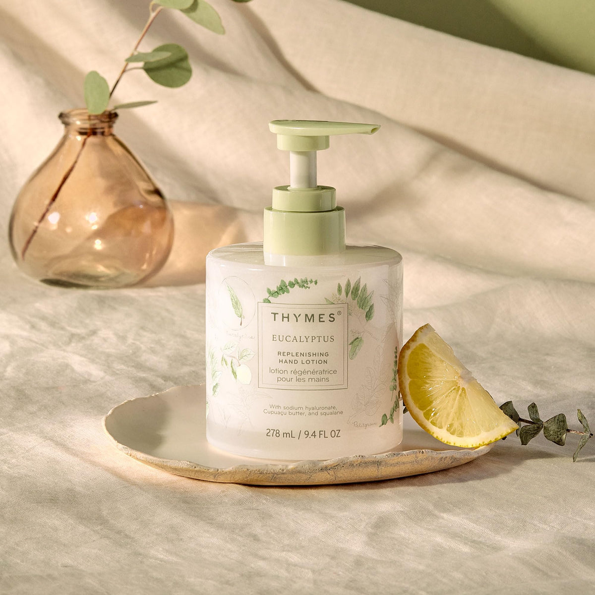 Thymes eucalyptus pump dispenser close-up enabling easy, controlled application benefit