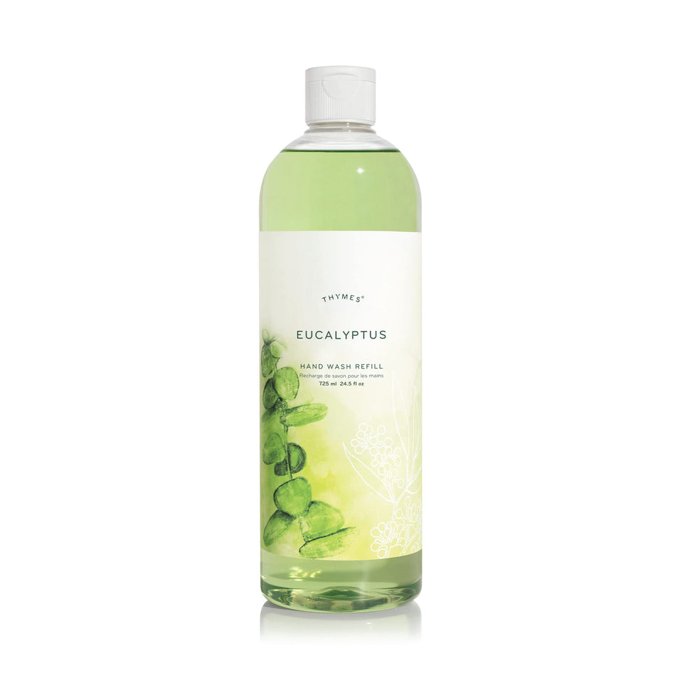 Thymes refill front bottle showing eucalyptus scent and volume benefit